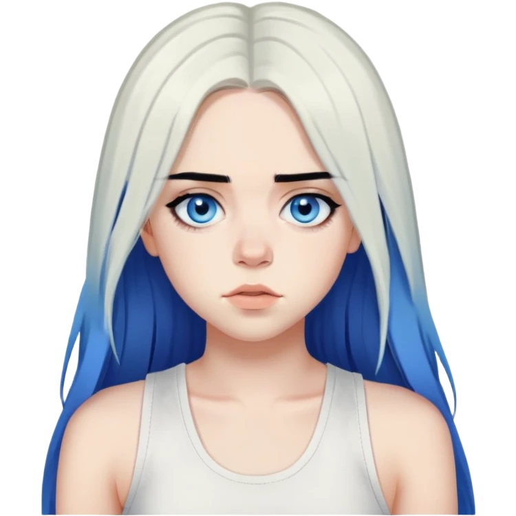 billie eilish long black hair, blue eyes dark eyeliner makeup, wearing white singlet emoji