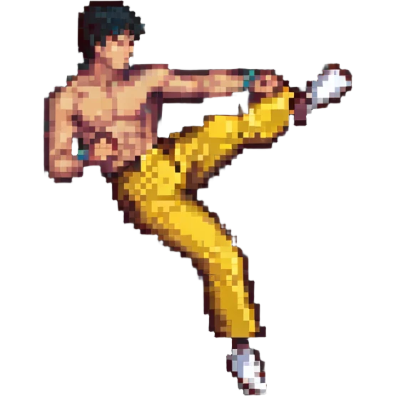 Bruce Lee performing a high kick, pixel art style emoji