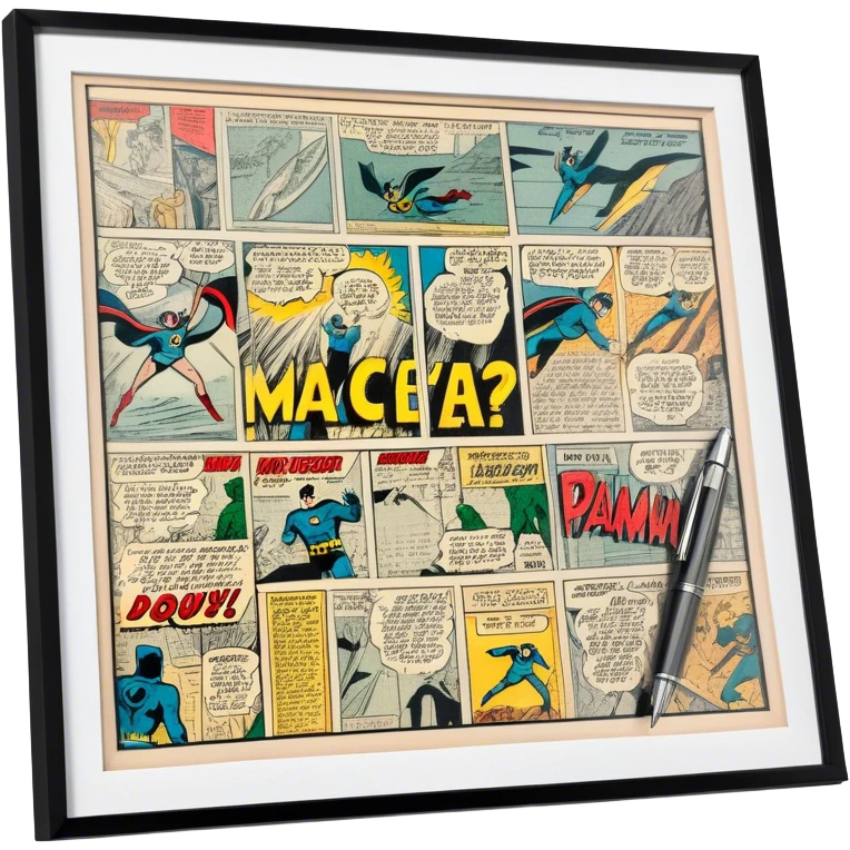 Create a detailed emoji representing the process of writing texts for comic books. The design should feature a large, open comic book with vintage comic strips visible on its pages. A pen should be shown writing text on one of the comic panels, but without a hand. The pencil should appear as though it is actively creating the dialogue or narration. Use a classic color palette with muted tones for the comic book and brighter accents on the pencil to draw attention to the writing process. Do not include any emojis or smiley faces. Make the background transparent. emoji