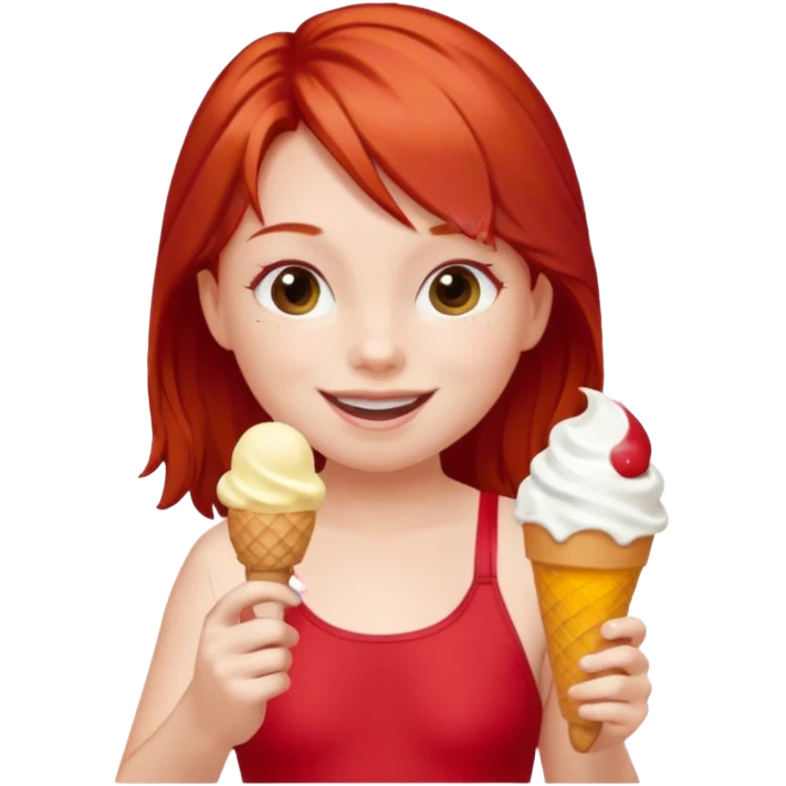 girl kid red haired swimsuit, eating ice cream, sun emoji