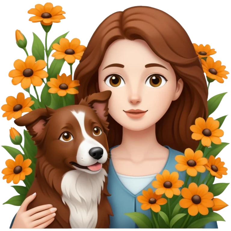 A white woman holding a brown Border Collie in the flowers emoji