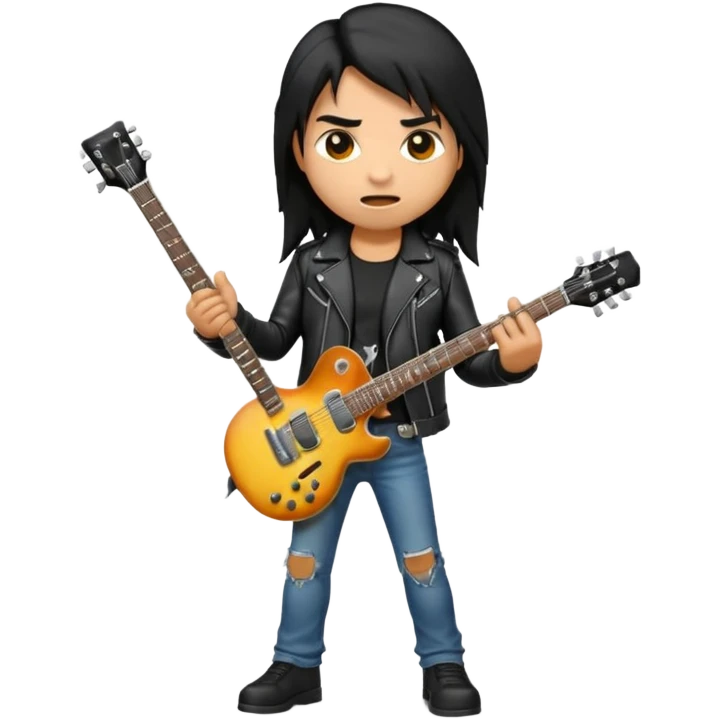 3D Apple-style emoji of a metal musician. Long hair, black leather jacket, ripped jeans, holding an electric guitar. Intense expression, glossy, rounded, smooth, soft shadows, white background.









 emoji