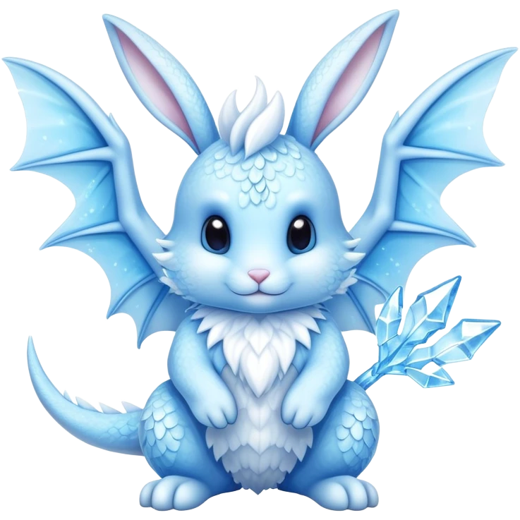 A cute bunny-dragon hybrid creature with ice crystals, rabbit ears, dragon wings and tail made of ice emoji
