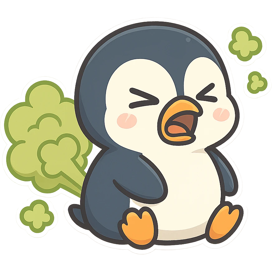 cartoon penguin farting with green stinky gas clouds funny expression emoji