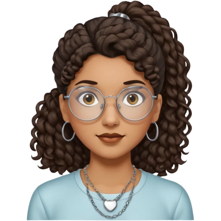chica morena de ojos claros con gafas exagonales redondeadas. y pelo rizado castaño con todo el pelo recogido en una coleta . y un collar de plata emoji