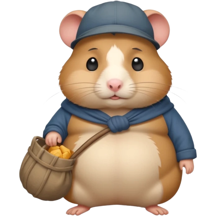 Fat cartoon-style hamster hobo carrying a bindle over its shoulder with a sad expression. emoji