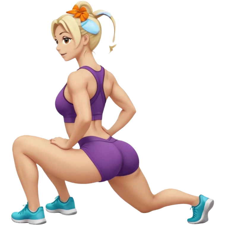 fullbody busty blonde fitness trainer, back view, bending over, sitting on her soles, SFW, athletic build, cheerful expression emoji
