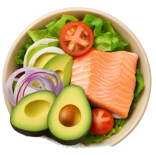 Delicious lunch bowl with salad, salmon, avocado and tomato emoji