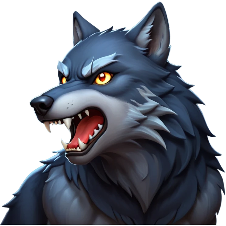 cinematic-noble-fierce-werewolf-howling-portrait-emoji, poised-and-imposing, with a fierce wolfish face tilted upwards in a haunting howl, glowing eyes full of primal ferocity, sharp, and a rugged snout, fur rippling in shades of midnight black and silver, muscles tensed as the powerful howl echoes beneath the moonlit sky; rendered with realism, capturing the raw, untamed power of the beast in its wild, primal state emoji