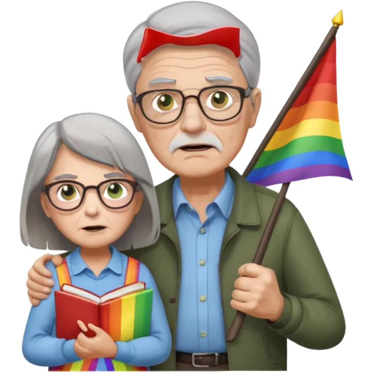 make old old man like 80 with gray hair and fur has HUGE EYE brows and glasses and is always mad and gay holding the rainbow flag and walking a young girl about 1 with brown hair and green eyes with a moth book with the other hand emoji