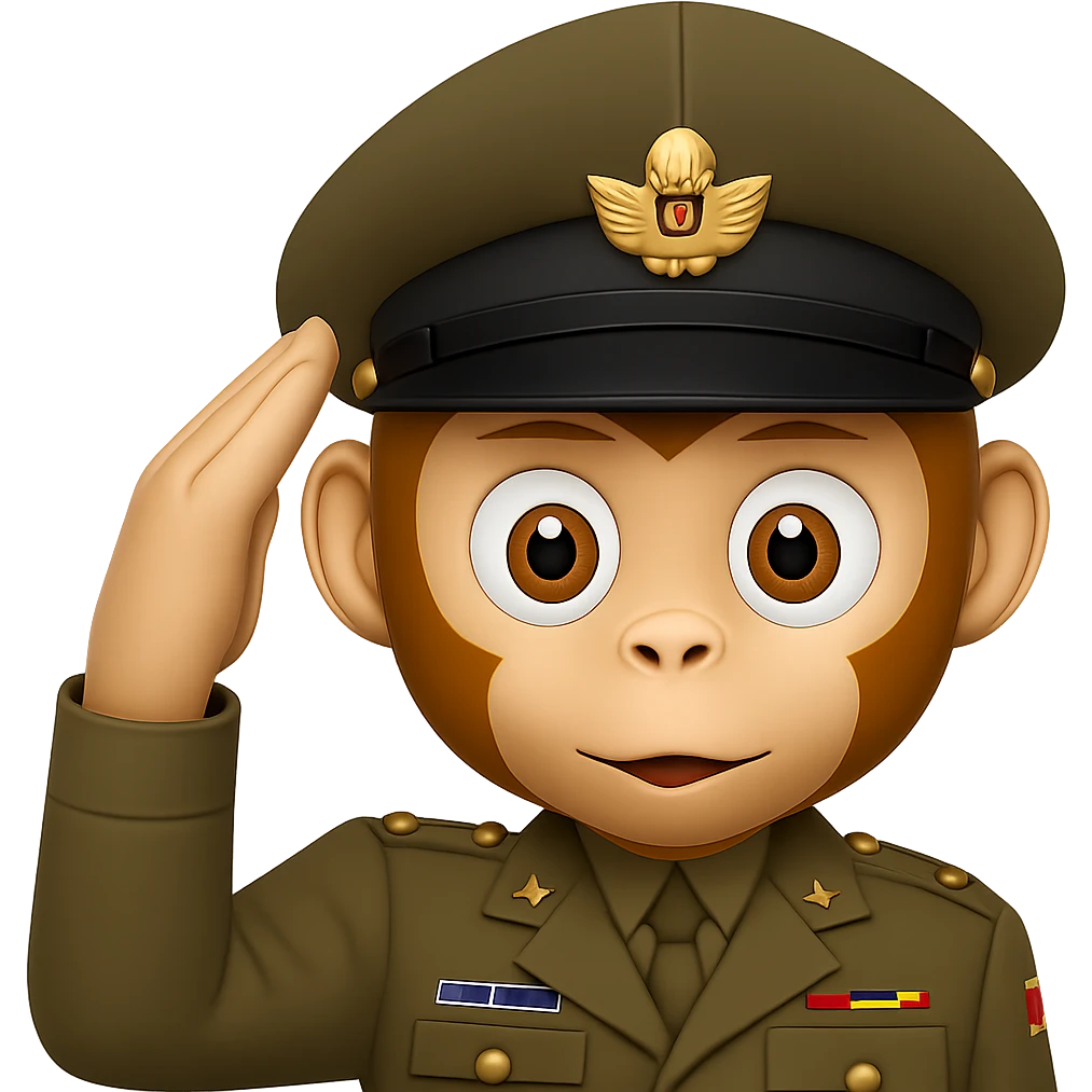 Add a classic military hat to the cute monkey face giving a military salute in emoji style with transparent background. emoji