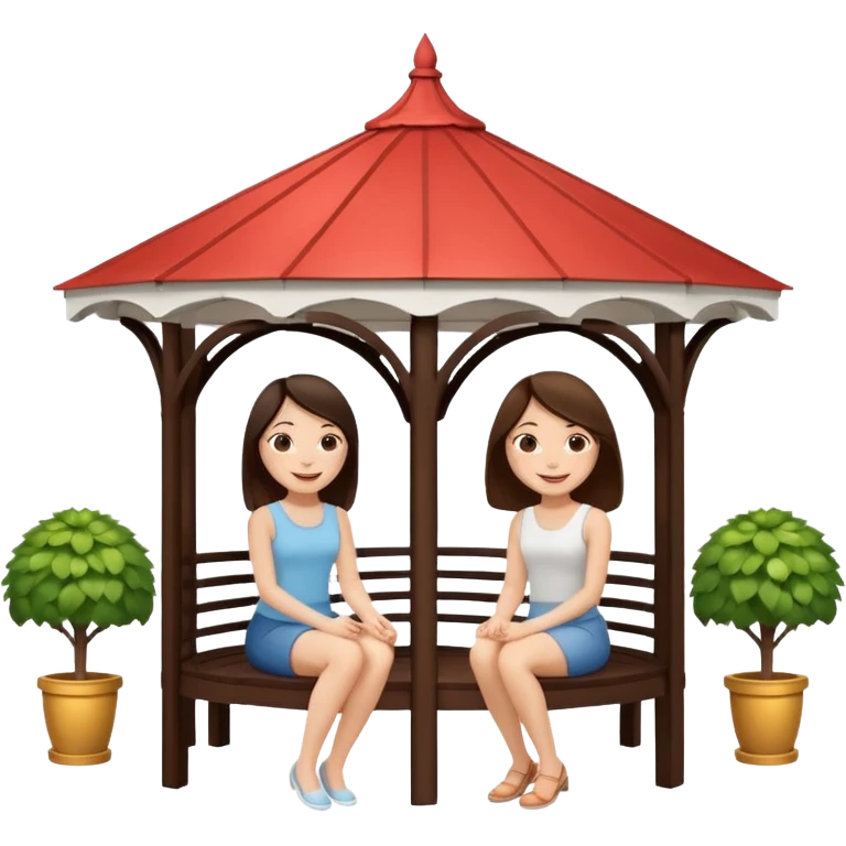 Two small brunette women sitting inside a large white gazebo emoji