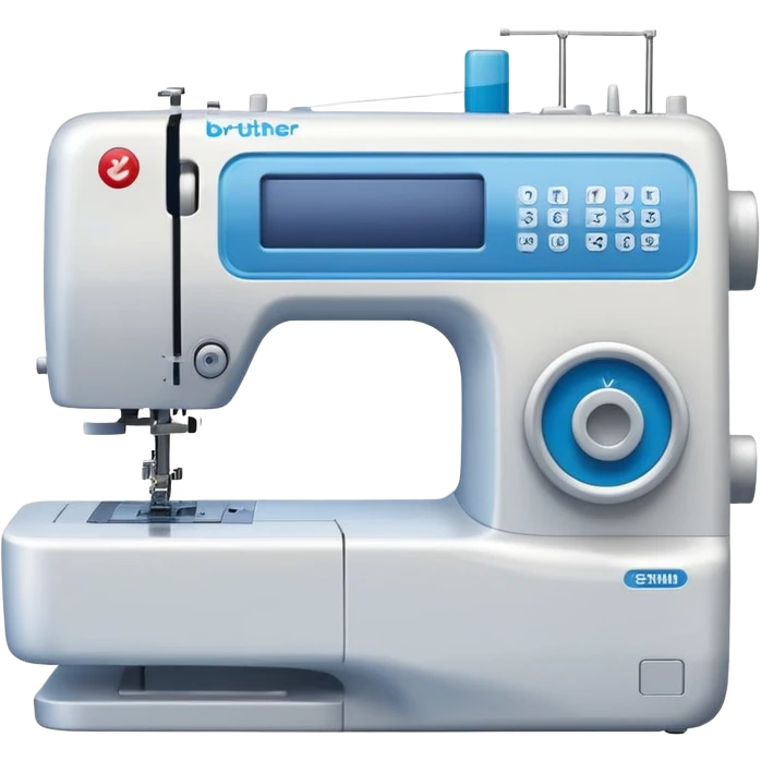 Modern Brother-style computerized sewing machine emoji, white and light gray with a blue thread spool, small LCD screen and round dial, three-quarter view, soft gradients and shadows in Apple emoji style, plain light background. emoji