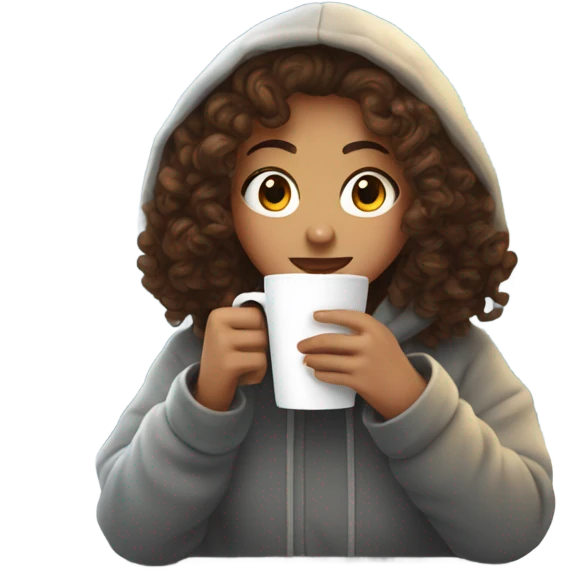 Curly brown haired girl drinking coffee in a hoodie infront of window snow outside emoji