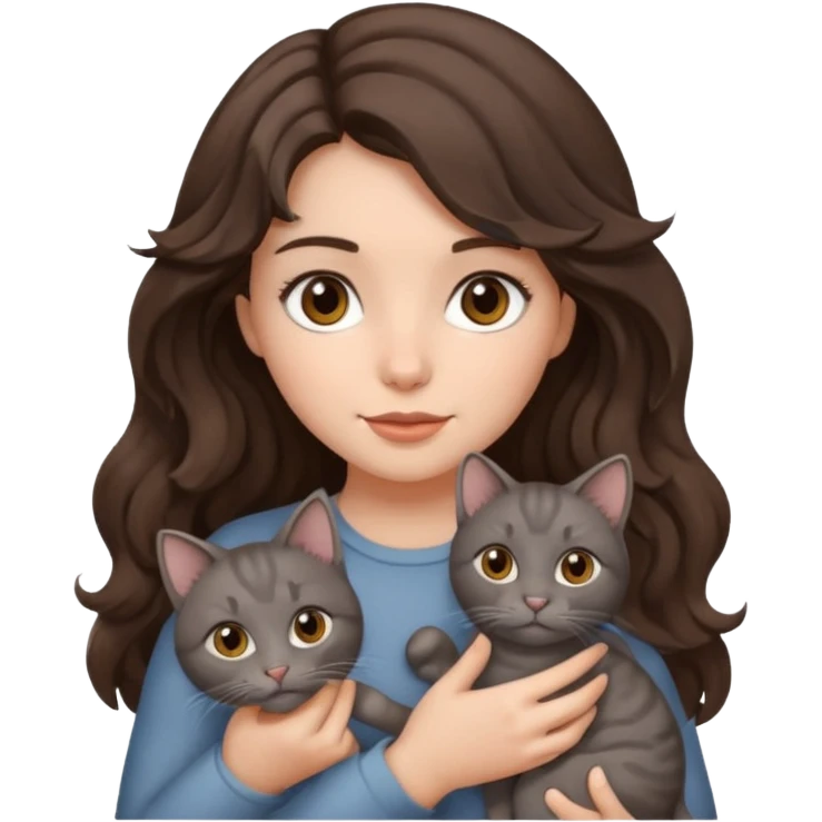 Brunette girl with wavy hair and brown eyes holding a grey cat emoji