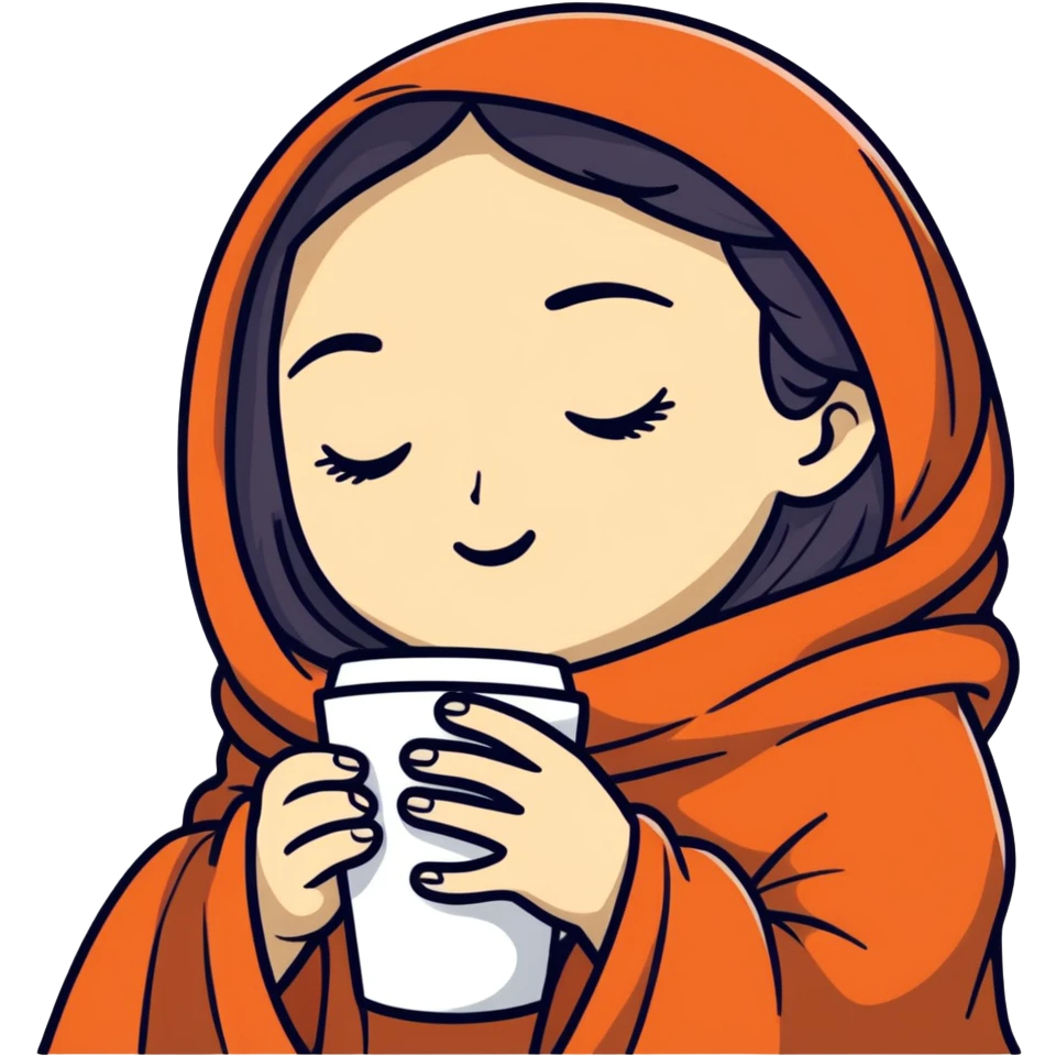 girl inside a blanket sipping coffee, eyes closed, style 3 emoji