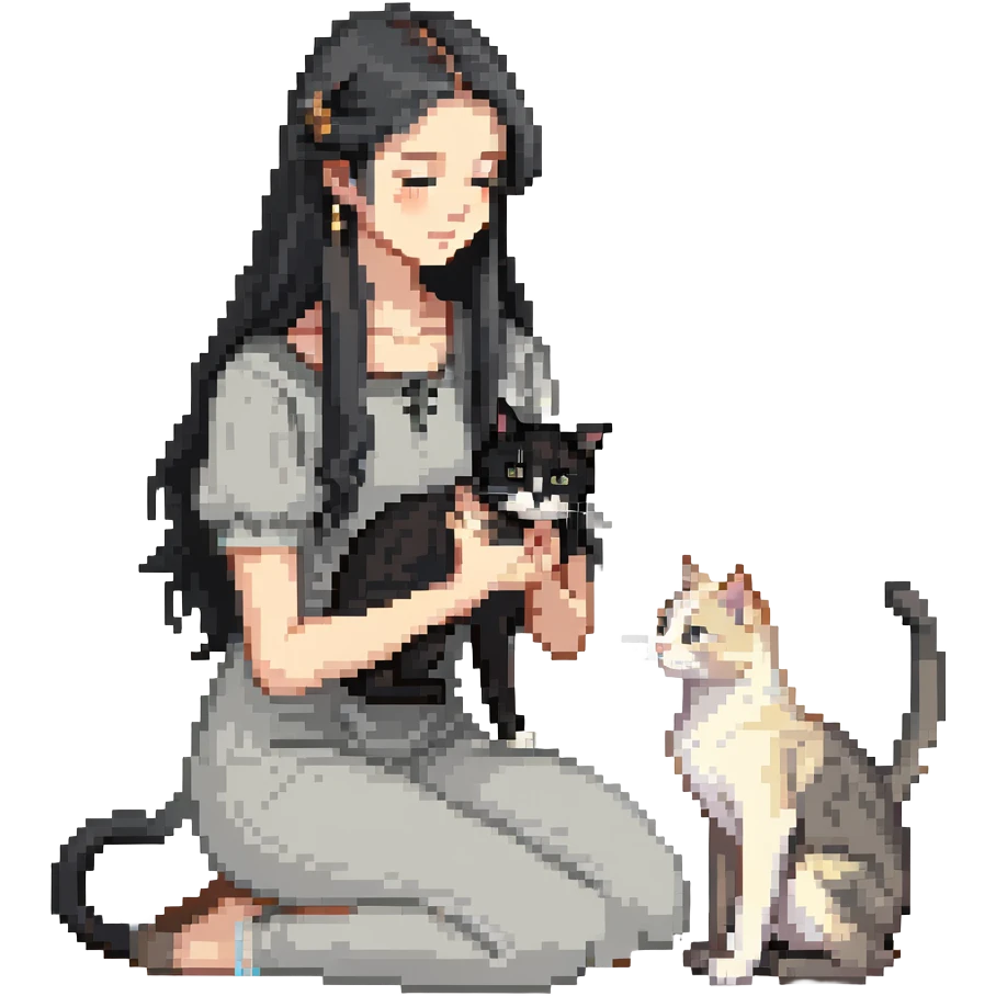 Beautiful girl with long black hair petting a gray and blonde mixed cat emoji