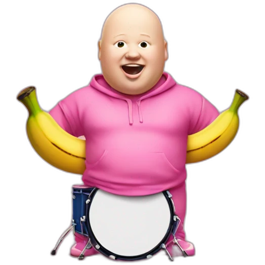 Matt Lucas in a pink onesie with a banana sticking out his ear playing the drums emoji