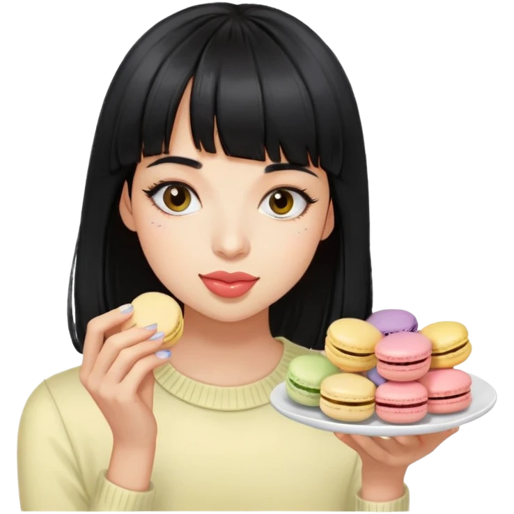 coolest black hair girl w bang eating the macarons emoji
