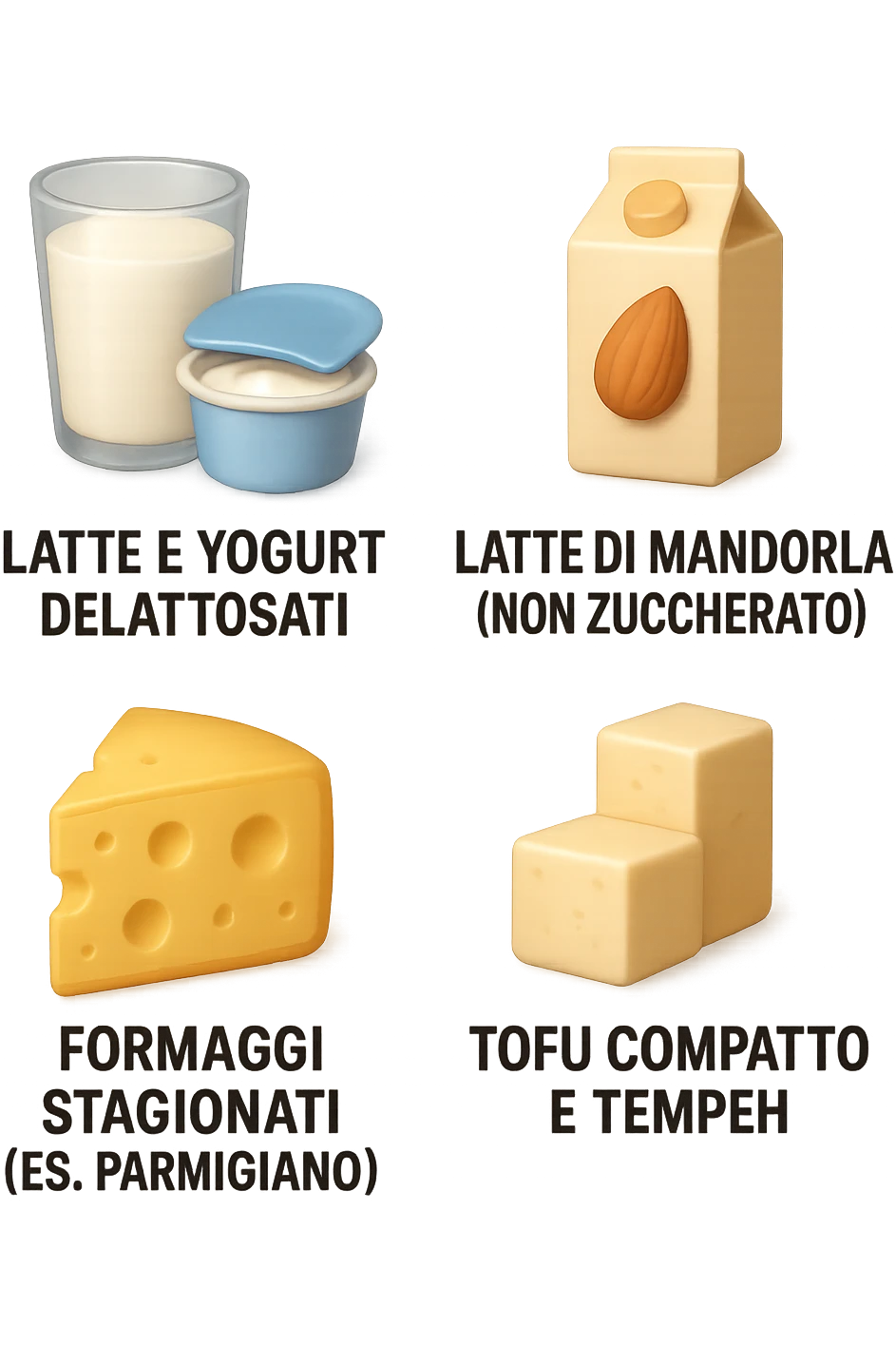 emoji stile iphone 3d di questi elementi che fluttuano in aria:

Latte e yogurt delattosati
Latte di mandorla (non zuccherato)
Latte di soia da proteine isolate
Formaggi stagionati (es. parmigiano)
Tofu compatto e tempeh
 che fluttuano in aria,  le etichette scrivile in italiano, iperealistico 4k emoji