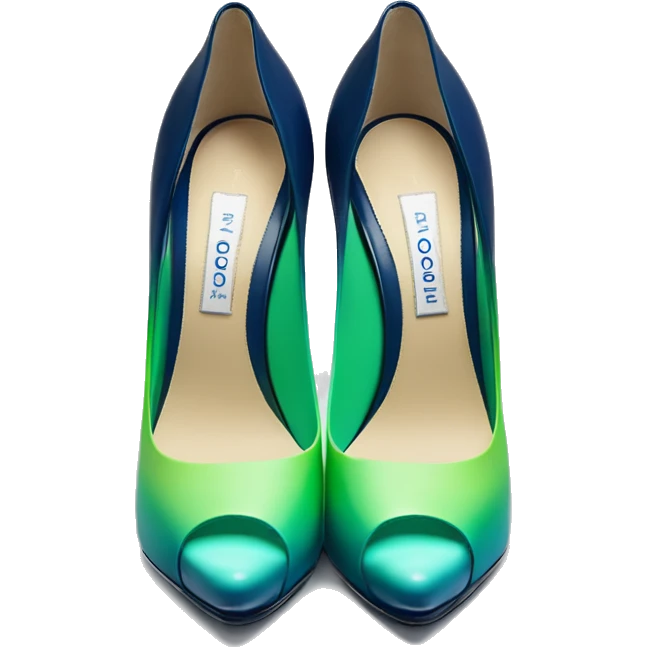 Realistic isolated front facing pair of emerald green,sky blue,mint green,lime green and navy blue ombre Jimmy Choo peep toe stiletto shoes. emoji