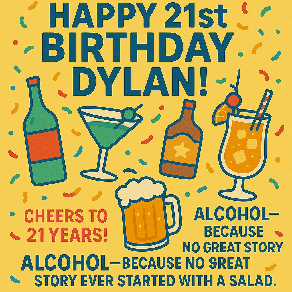 Add the funny drink quote: 'Alcohol—because no great story ever started with a salad.' Keep all original graphics and style. emoji