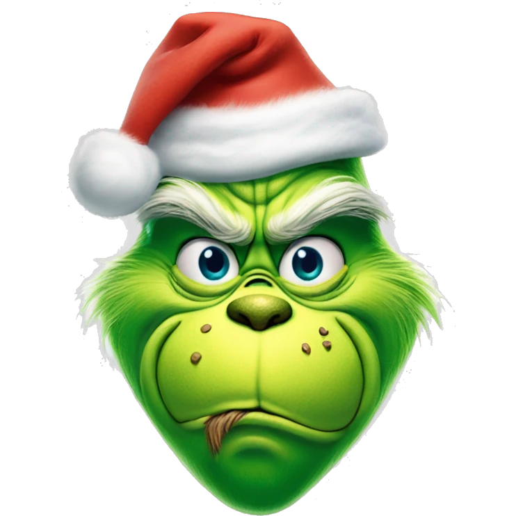The Grinch smirking mouth closed and he’s blue with santa hat emoji