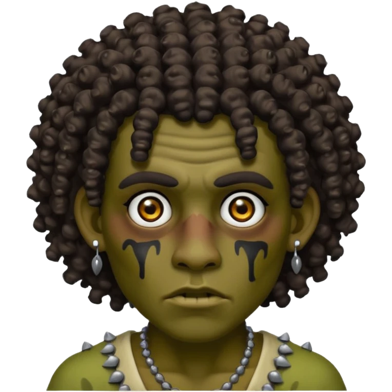 Zumbi man with curly hair, black eye, studded earrings on both ears emoji