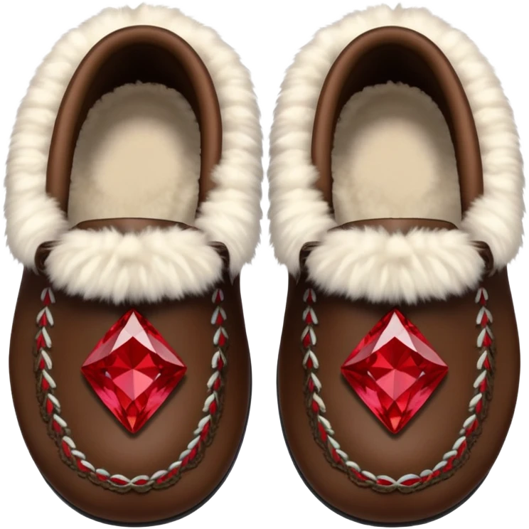 dark brown moccasins with red diamond design and fluffy fur emoji