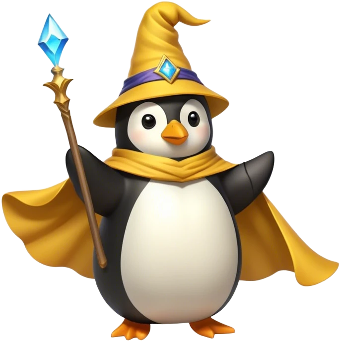 A wizard penguin with a yellow hat and a long, flowing cape. The penguin is floating slightly above the ground, surrounded by swirling magical energy and glowing runes in the airyellow wizard hat emoji