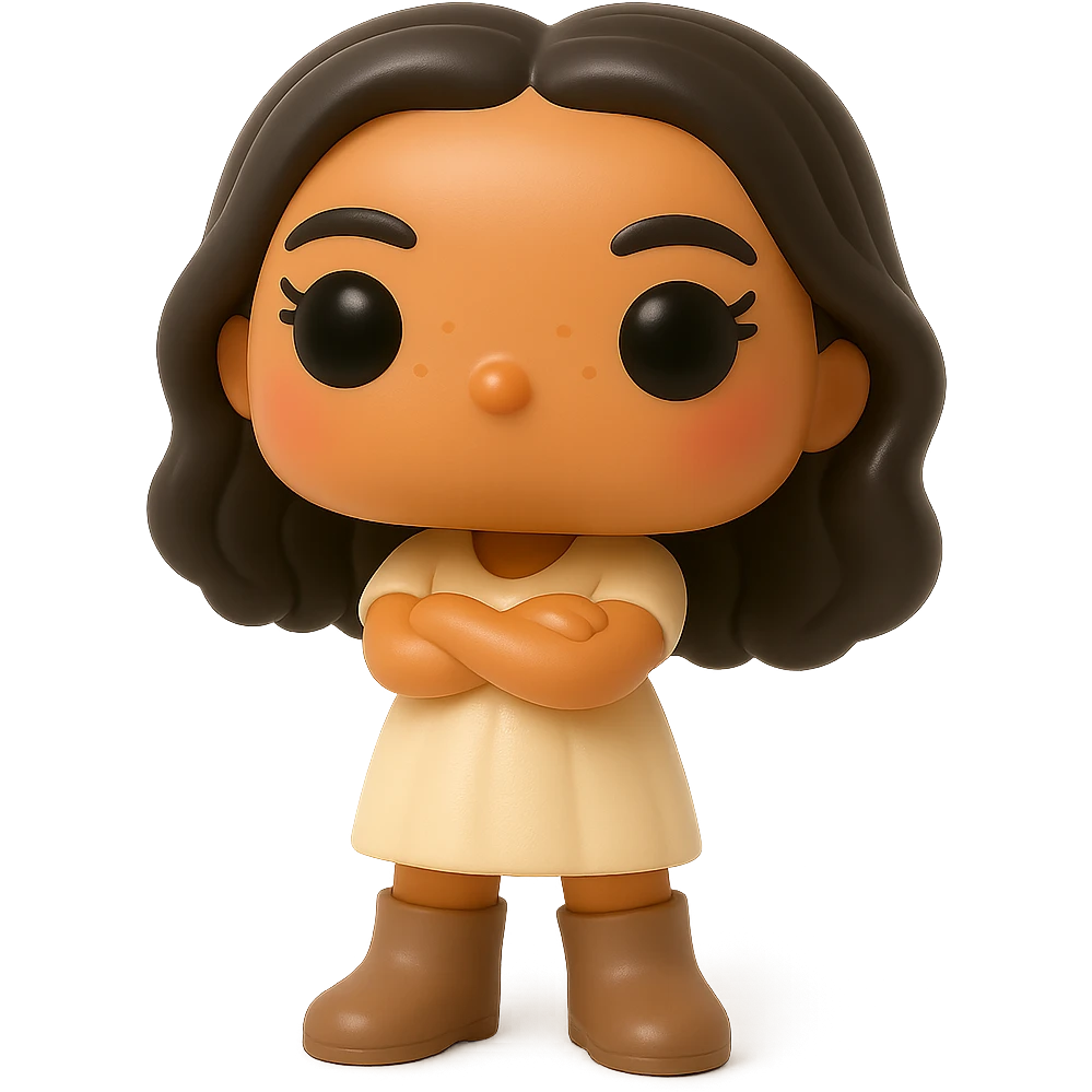 Enhance the vinyl figure in Funko Pop style with superior quality, smooth tanned skin, detailed dark hair, textured feminine cream dress, greige leather boots clearly visible, arms crossed, rosy cheeks, very discreet freckles, eyelashes, mischievous and cheerful expression, no mouth, transparent background. emoji