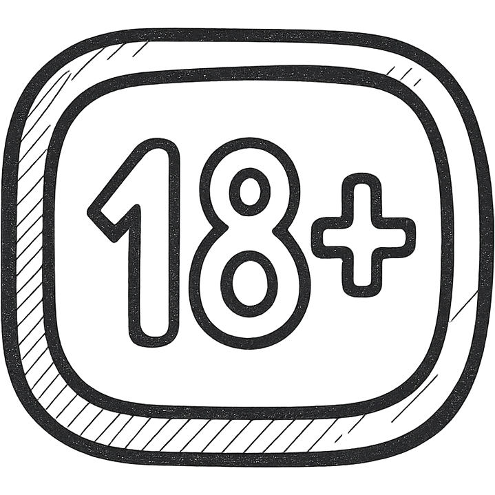 simple hand-drawn style 18+ button badge, rounded rectangle shape, bold outlines, stylized shadows and highlights for volume, clear centered 18+ text, clean and slightly three-dimensional drawing, not overly detailed emoji