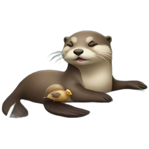 otter holding hands with a duck while sleeping on the water with a pebble on the belly emoji
