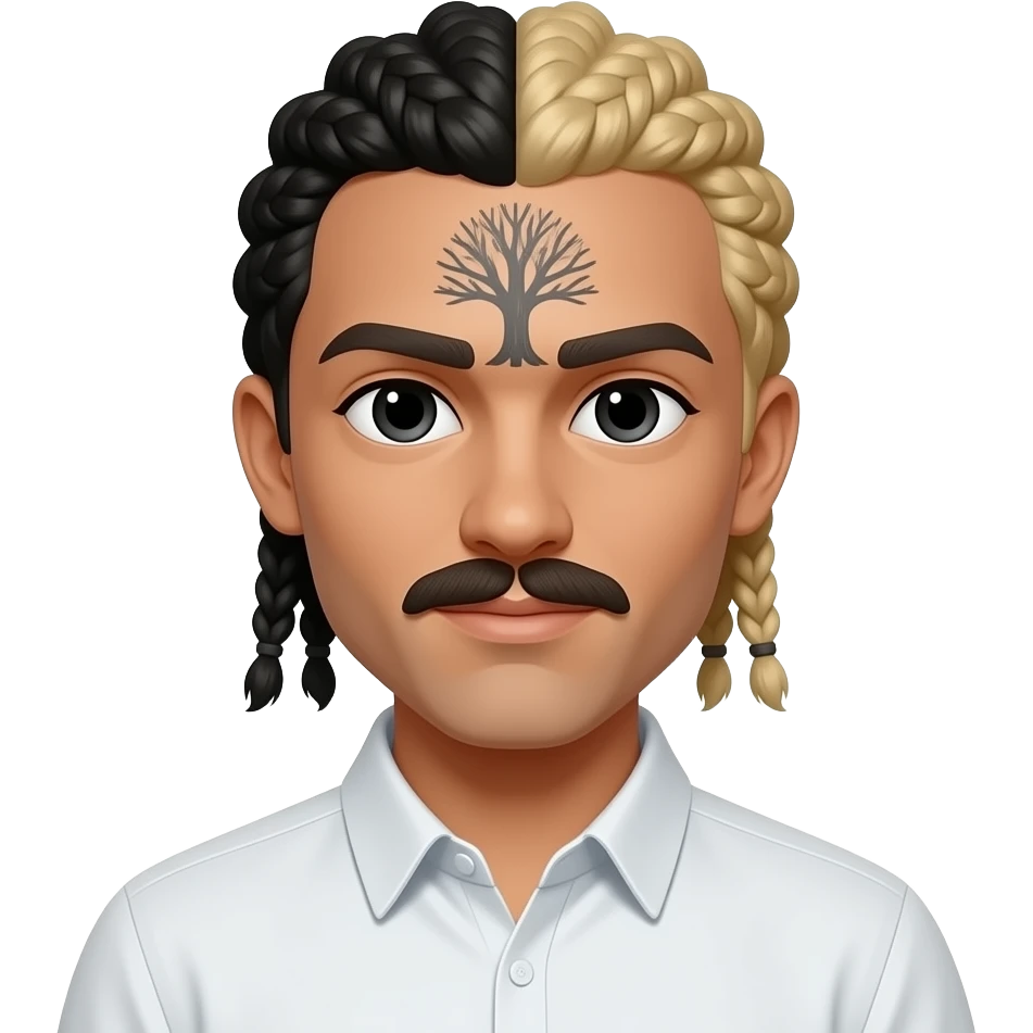 No mushtash half black and blonde braids tree tattoo on forehead light brown skin color black eyes white shirt emoji