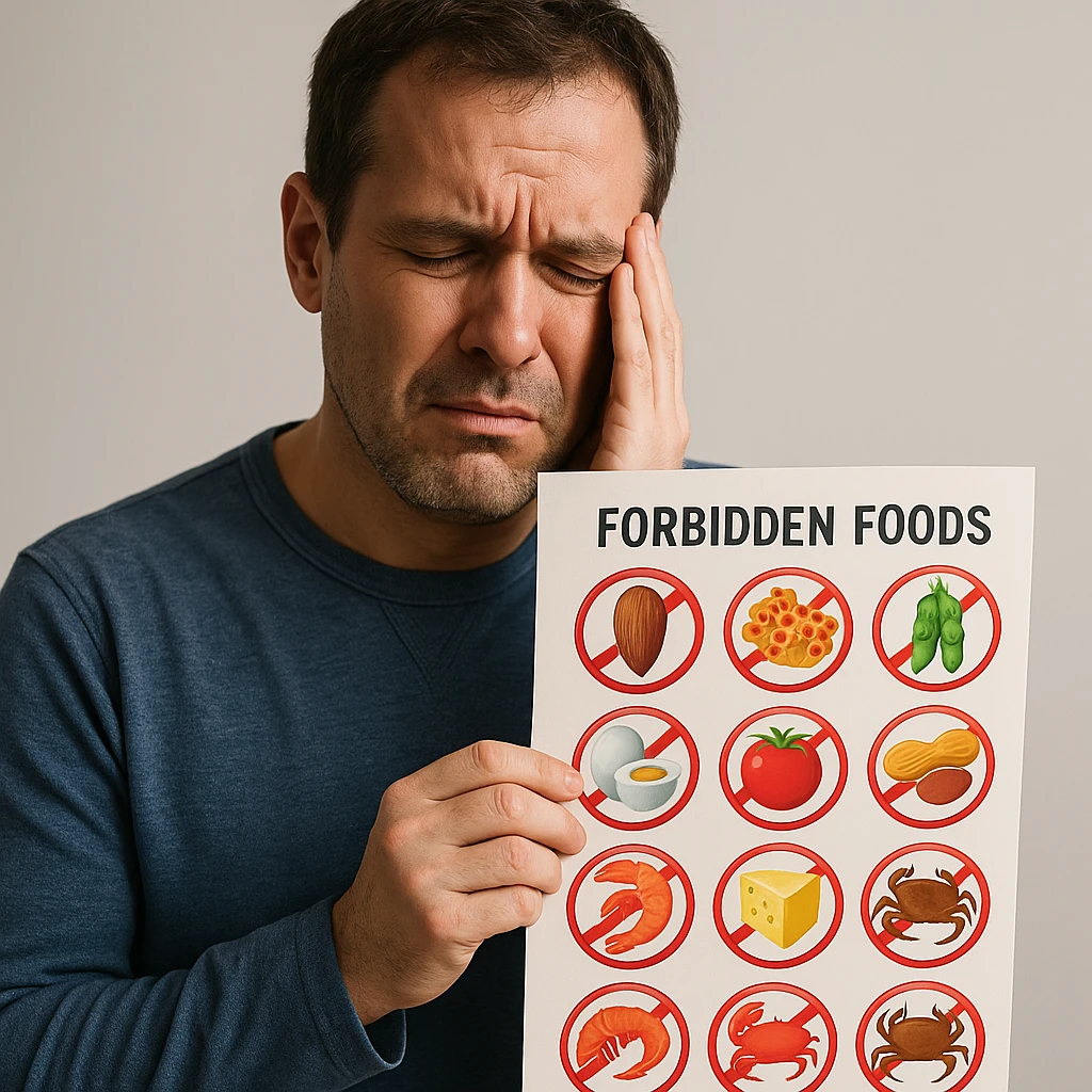 A 40-year-old man suffering from food intolerances, inspired by the reference image, holding a list of forbidden foods with a pained expression. Realistic or illustrative style with a neutral background. emoji