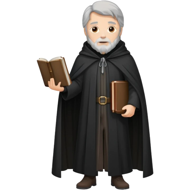 A wandering philosopher in a long black cloak with a book full height emoji