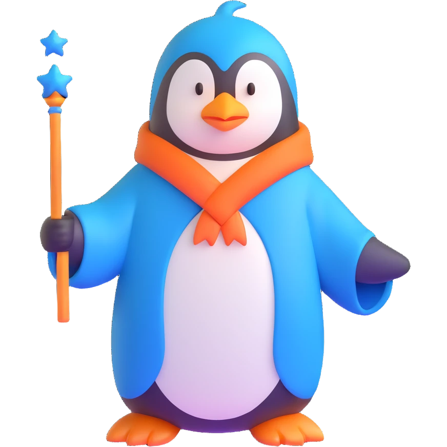 penguin wizard with a blue robe and magic wand emoji