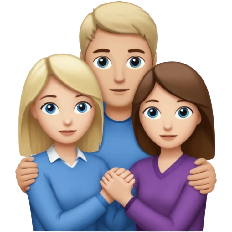 3 people. Throuple. Blank woman with blond hair and blue eye color on left. And also a blank man with brown hair and grey eye color in the middle. And a blank woman with brown hair and grey eye color on the right. Holding each other emoji
