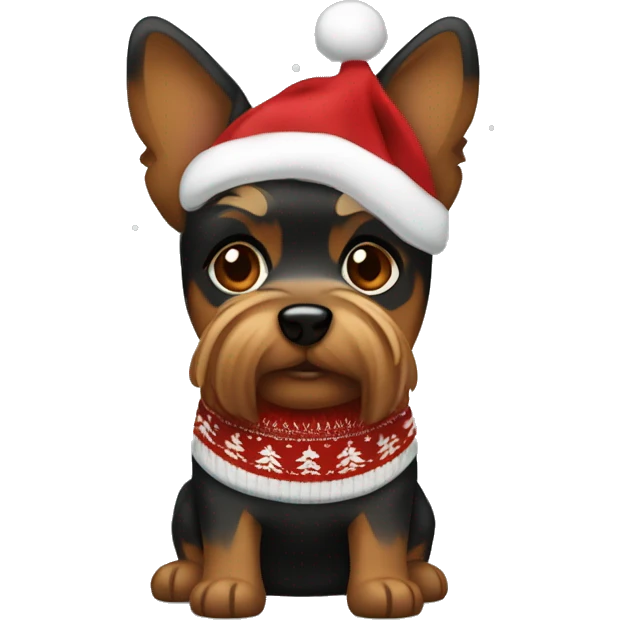 Black back and brown head Yorkshire dog with a small bow on the head wearing chistmas sweater  emoji