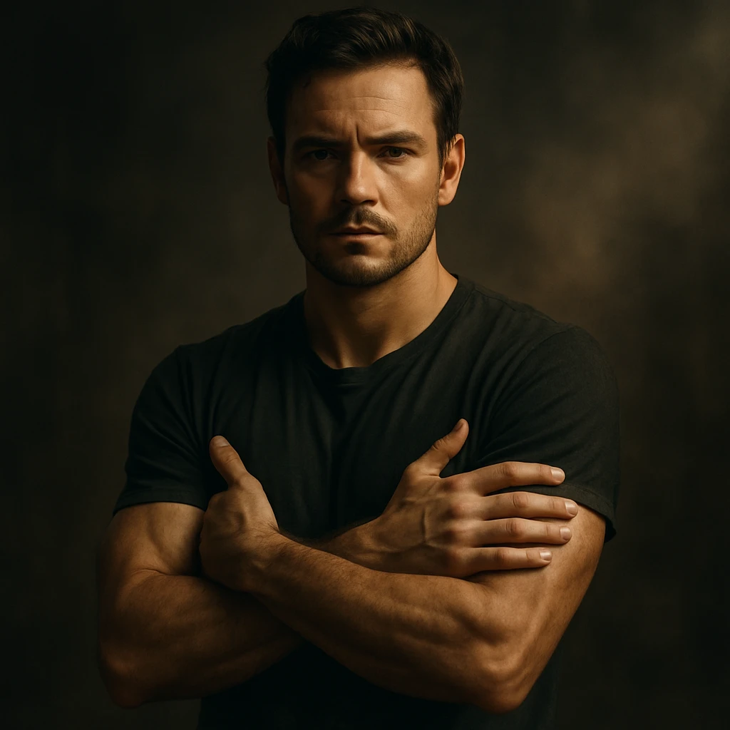 hyper realistic 4K cinematic scene of a man in a protective pose, confident posture, intense but serene face, cinematic lighting, powerful atmosphere emoji