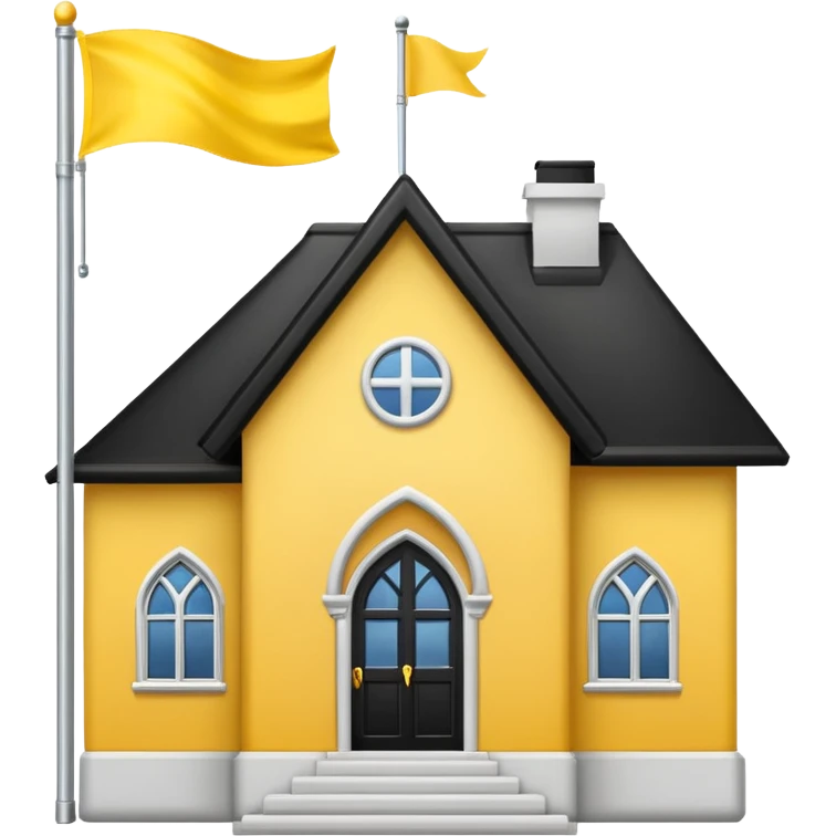 simple magic school, white background, magic school, black roof, with a big flag, big flag on a roof, big yellow flag, white school emoji
