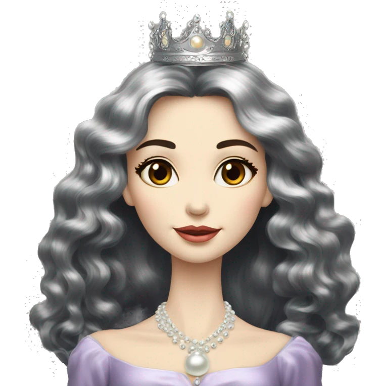 Regal pretty slender middle age woman photograph defined cheekbones high cheekbones crown vintage with very long iridescent black and silver hair wavy long hair pearl crown iridescent emoji