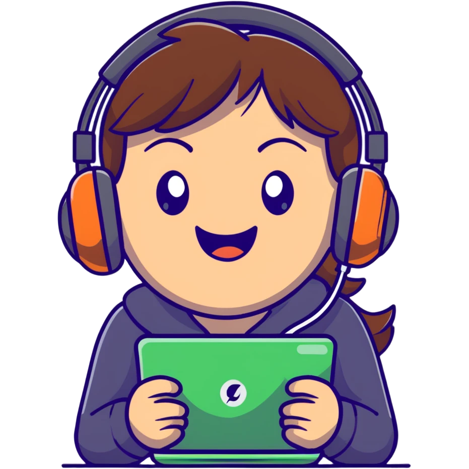 brown-haired gamer girl, excited expression, headphones, head only, emote emoji
