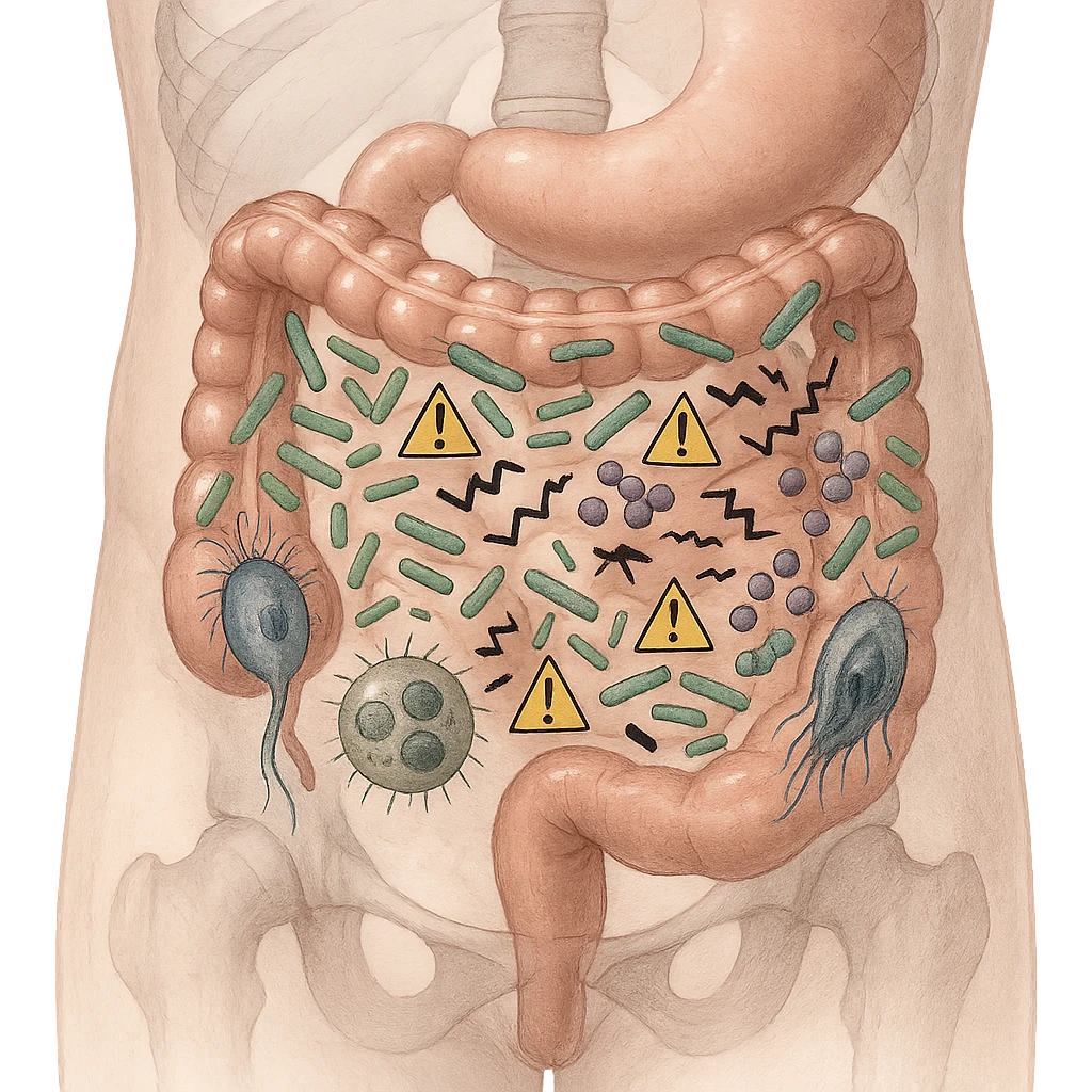 realistic transparent abdomen focusing on blastocystis hijacking the microbiome, altered bacterial flora, imbalance symbols, other parasites present, medical illustration emoji