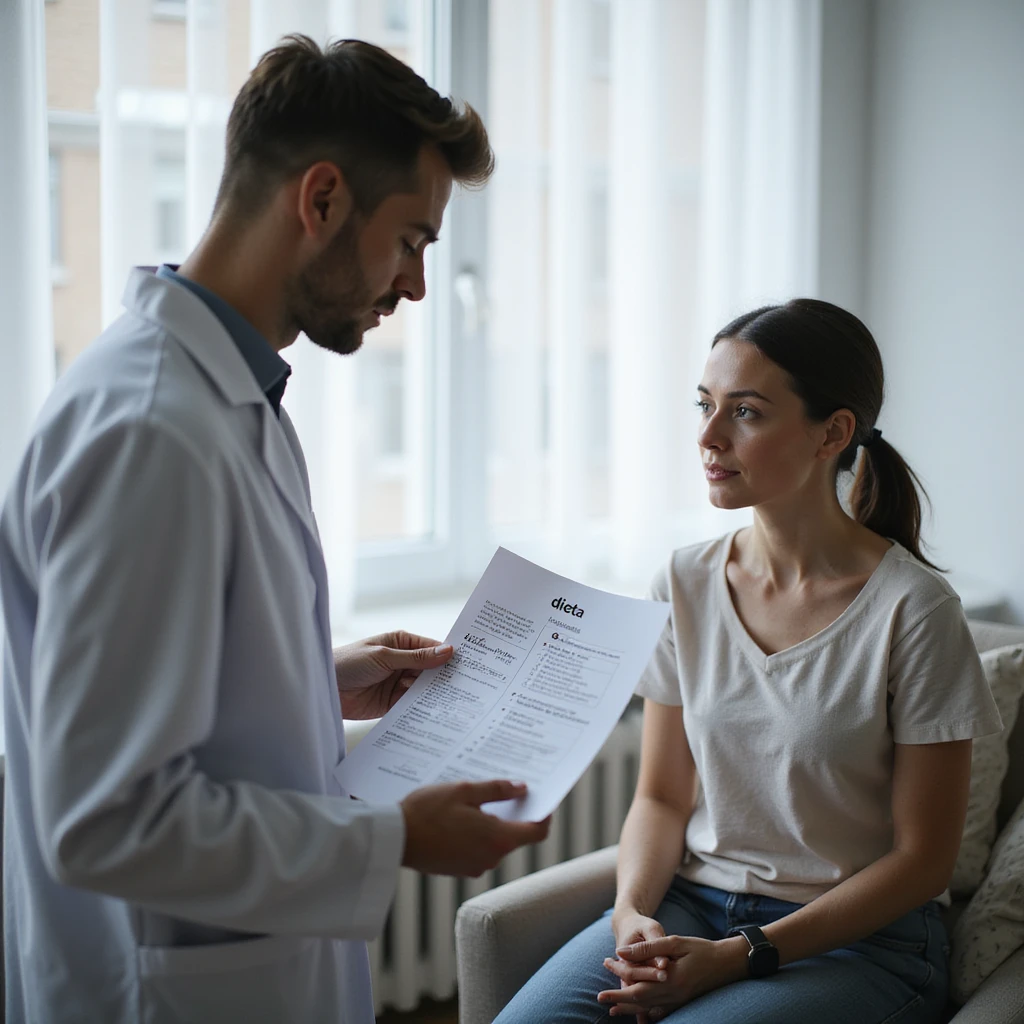 hyperrealistic 4K image of a male nutritionist in a white coat giving a sheet with the word 'dieta' to a seated woman, medical office, variation 10 emoji