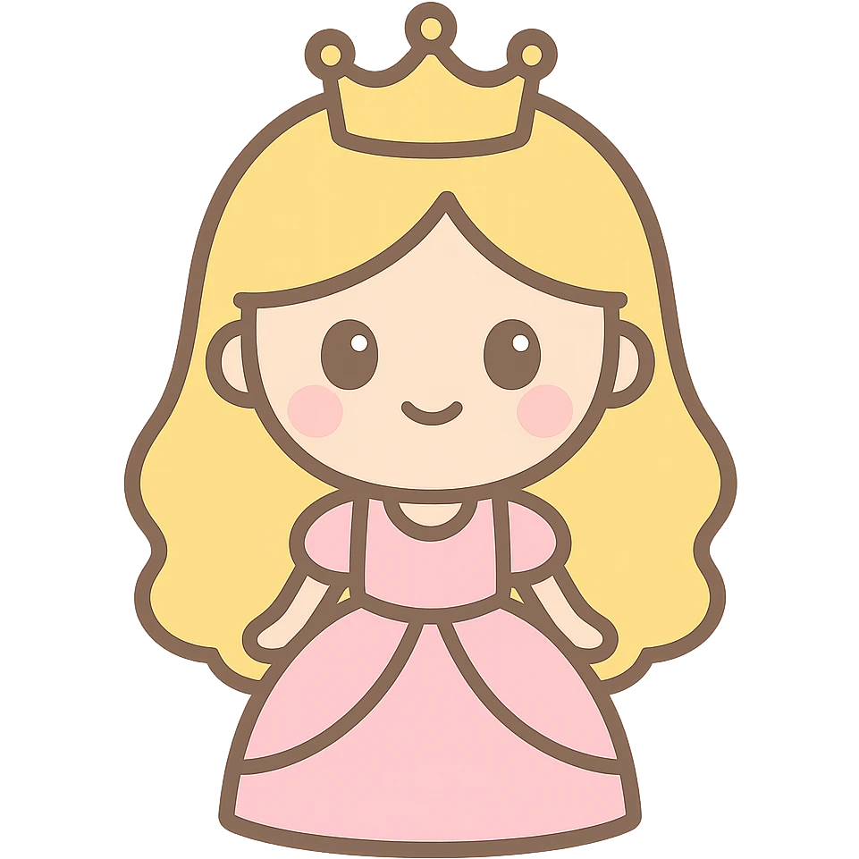 cartoon-style princess emoji with long hair, wearing a golden crown, smiling softly, dressed in a royal gown, kawaii style emoji