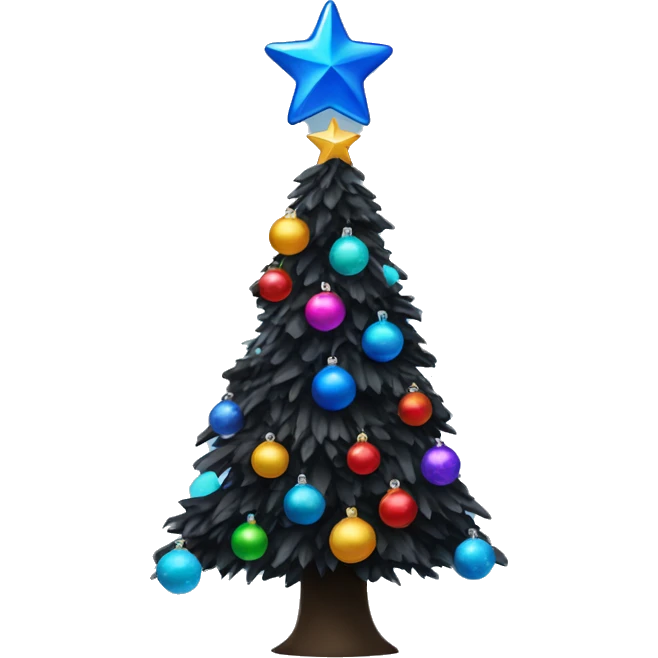 Black christmas tree with blue ornaments and a colorful star emoji