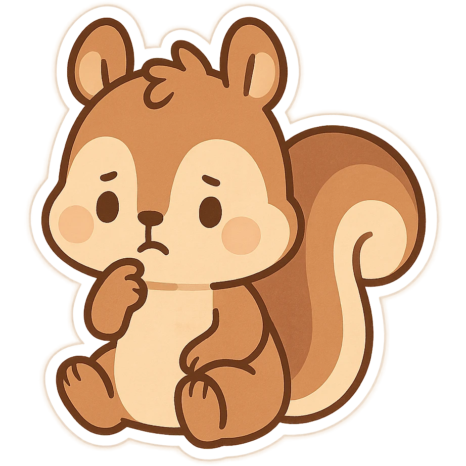 a squirrel with a thoughtful expression, sitting and holding its chin, cartoon style emoji