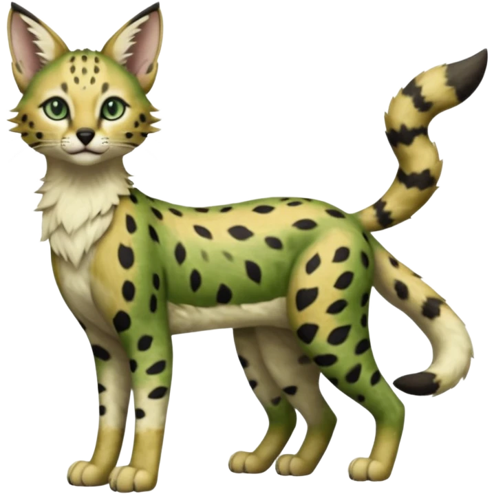 Epic complex detailed dark-hunter-green dark-brown beige pastel realistic aesthetic-scenic-Fakémon-Sprigatito-Floragato-Meowscarada-Trico-Sergal-Serval-Vernid-creature (full body) emoji