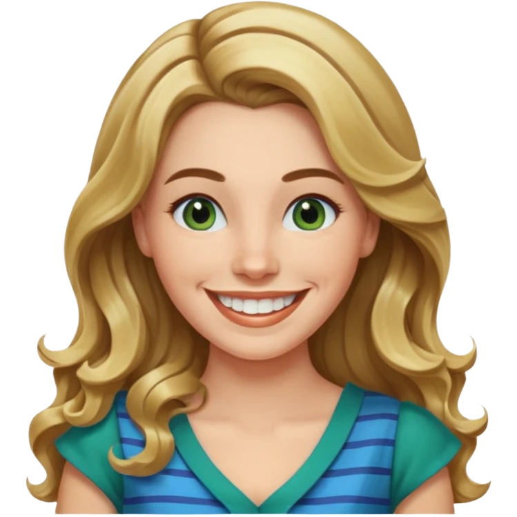 30 yr Caucasian woman long brown wavy hair parted on side blond stripe in hair blue green dress ,big smile white teeth, dimples emoji